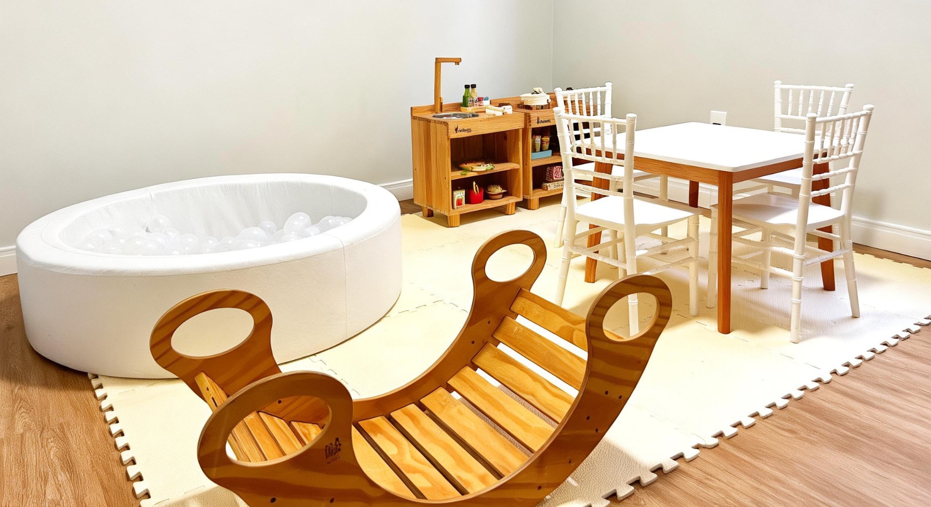 Espaço kids em Joinville com piscina de bolinhas branca e mesa infantil